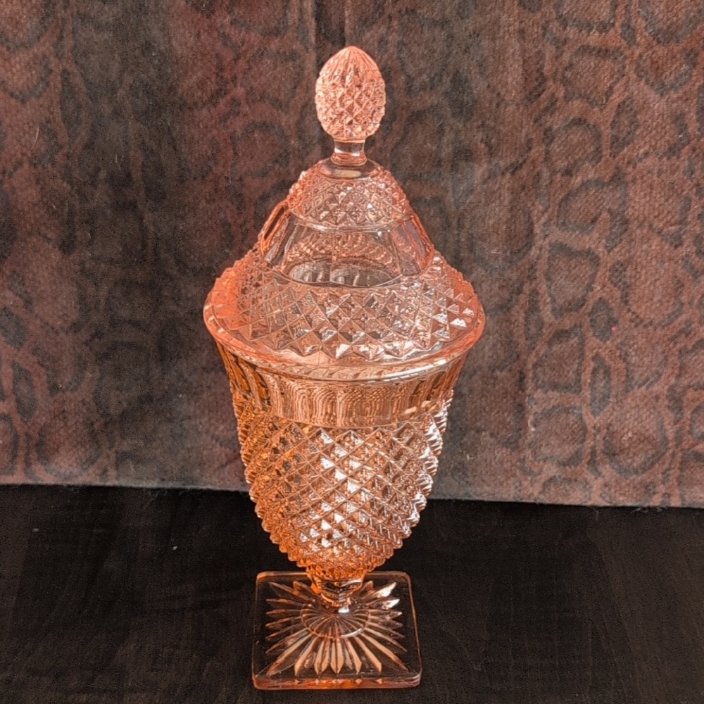 Anchor Hocking Miss America Pink Glass Jar with Lid (11.5" tall).